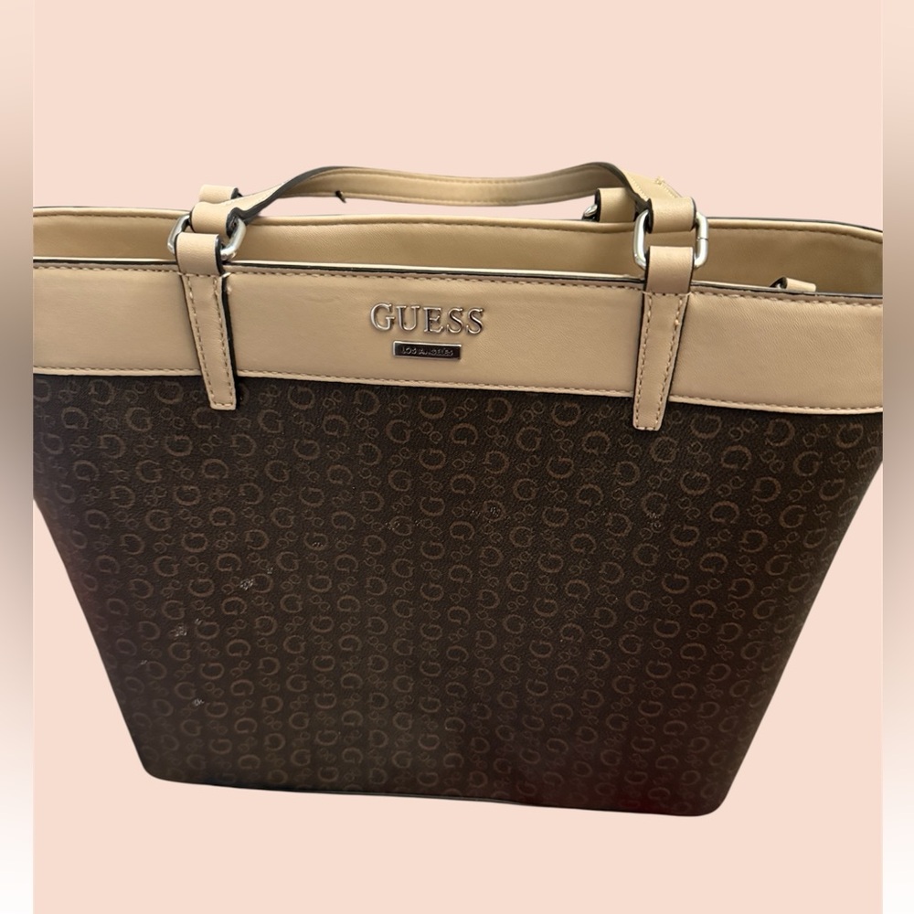 Guess Brown and Tan Tote Bag with Signature Design